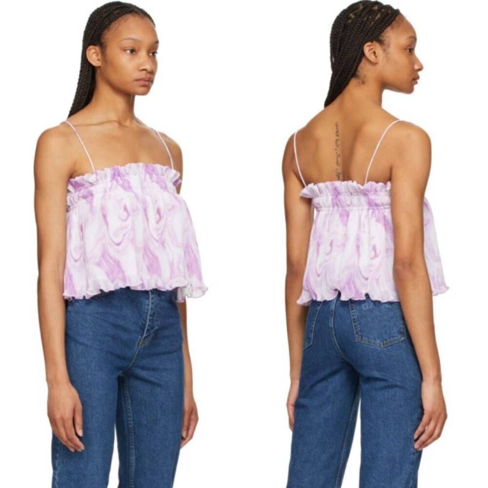 GANNI White and Purple Georgette Pleated Strap Camisole 34